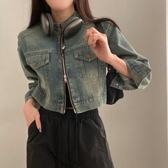 ポケットツーウェイデニムクロップバイカージャケット DENIM