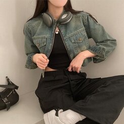 ポケットツーウェイデニムクロップバイカージャケット DENIM