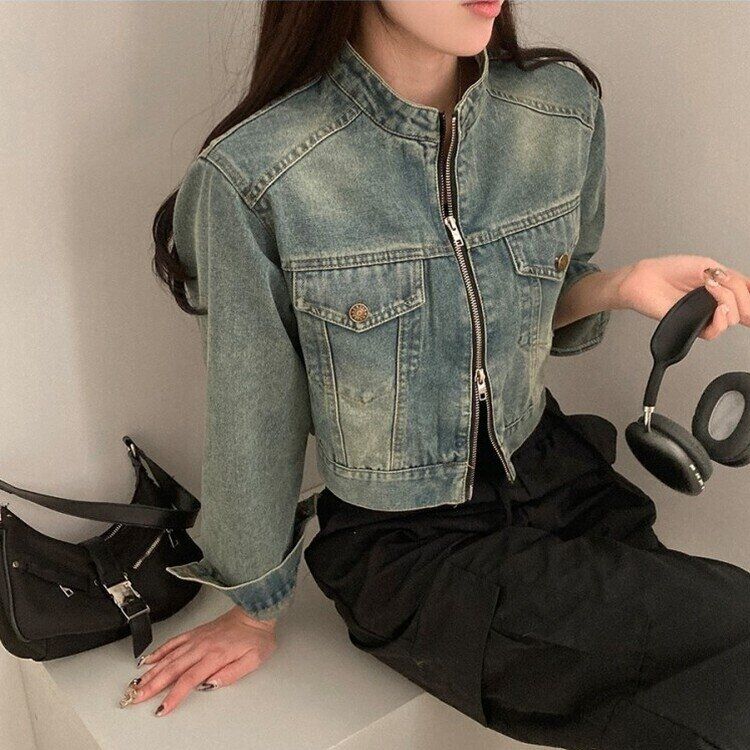 ポケットツーウェイデニムクロップバイカージャケット DENIM