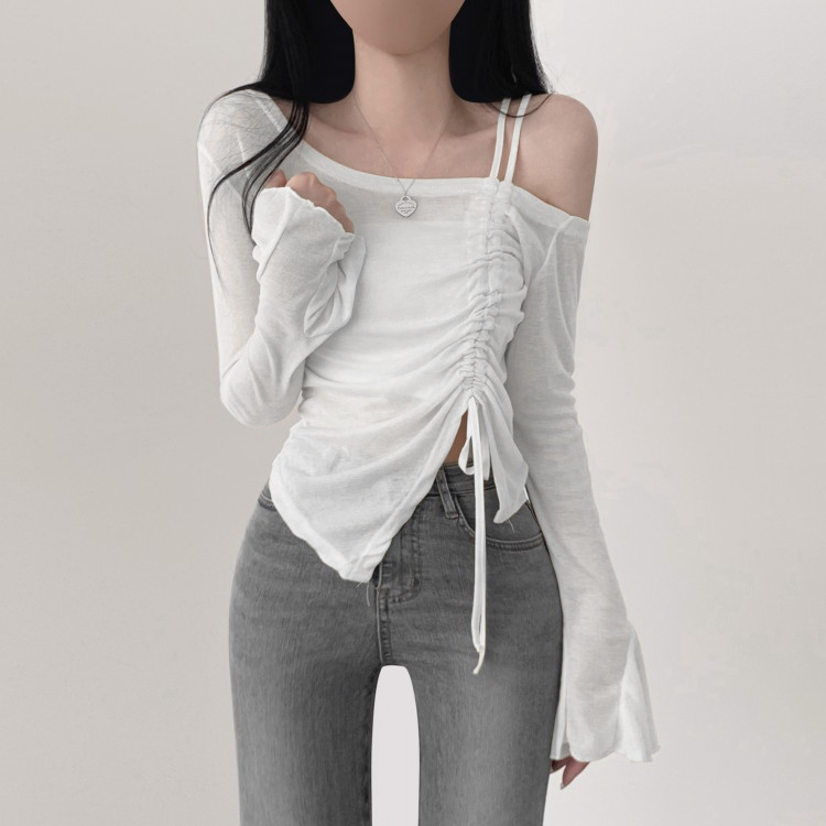 ワンショルダーシャーリングオフショルダー長袖Tシャツ｜長袖T