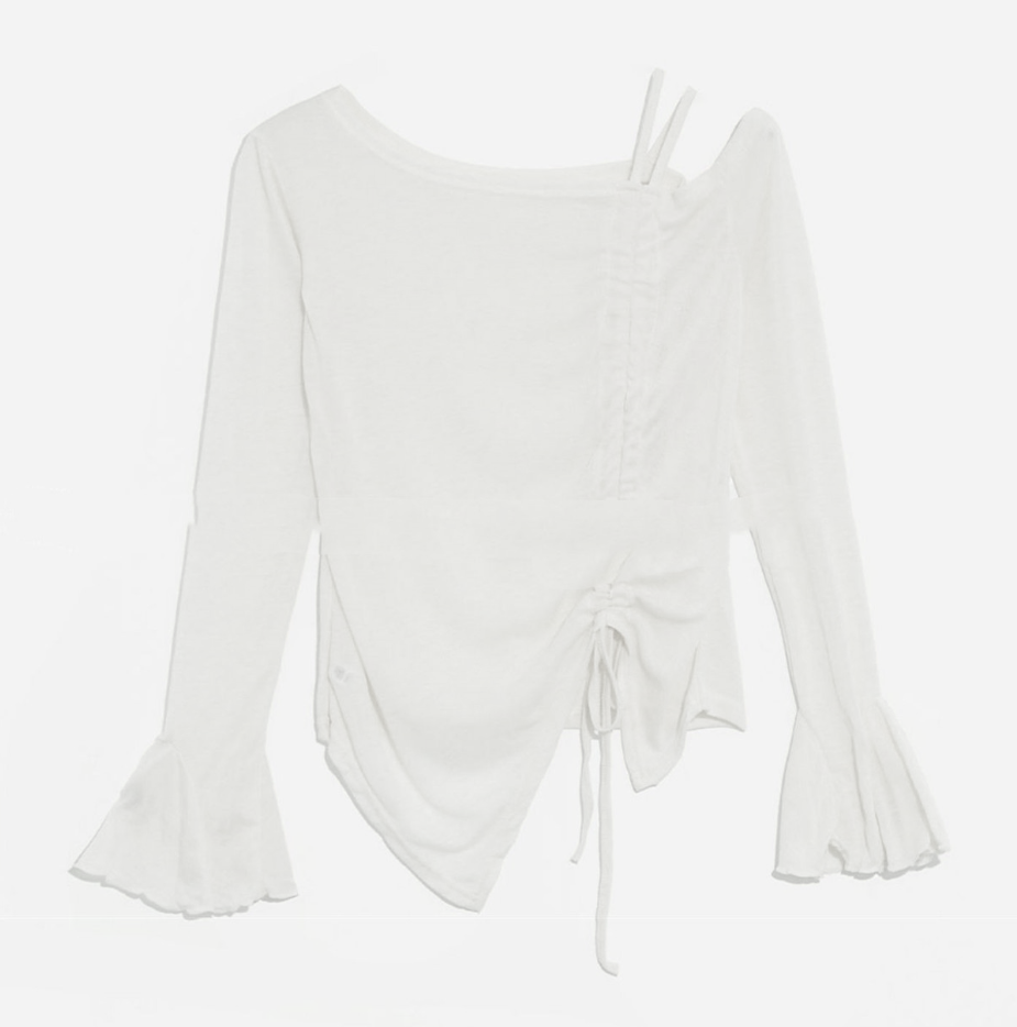 ワンショルダーシャーリングオフショルダー長袖Tシャツ