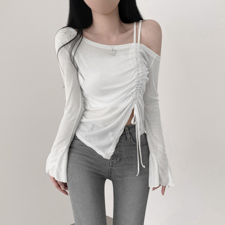 ワンショルダーシャーリングオフショルダー長袖Tシャツ WHITE