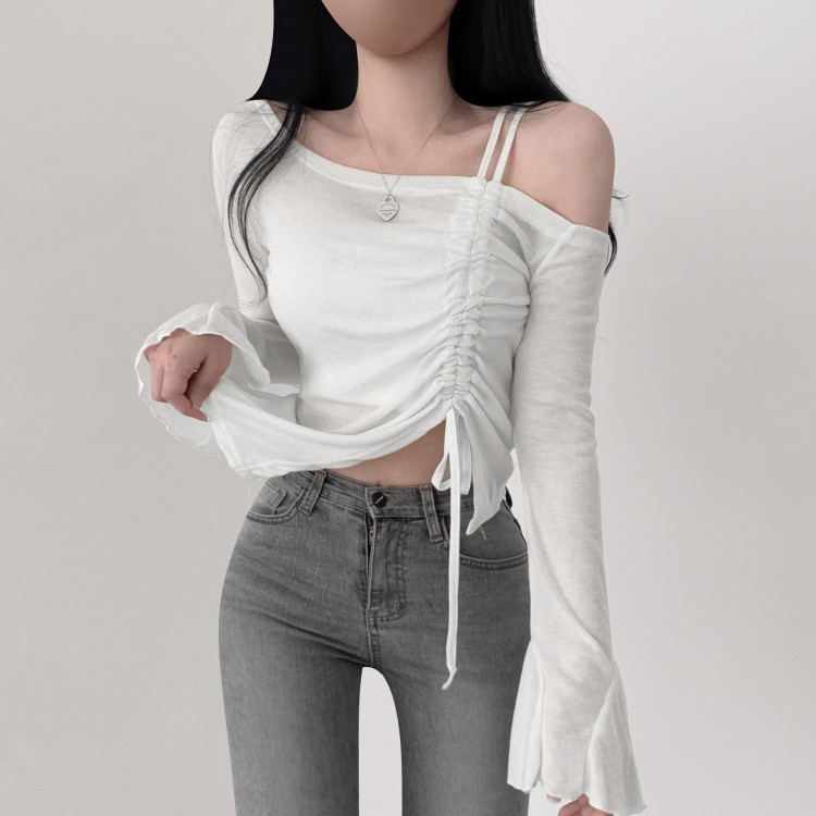 ワンショルダーシャーリングオフショルダー長袖Tシャツ WHITE