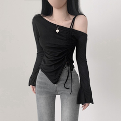 ワンショルダーシャーリングオフショルダー長袖Tシャツ BLACK