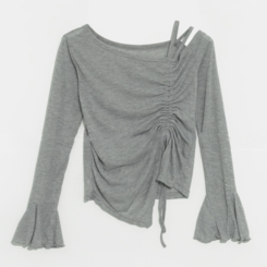 ワンショルダーシャーリングオフショルダー長袖Tシャツ