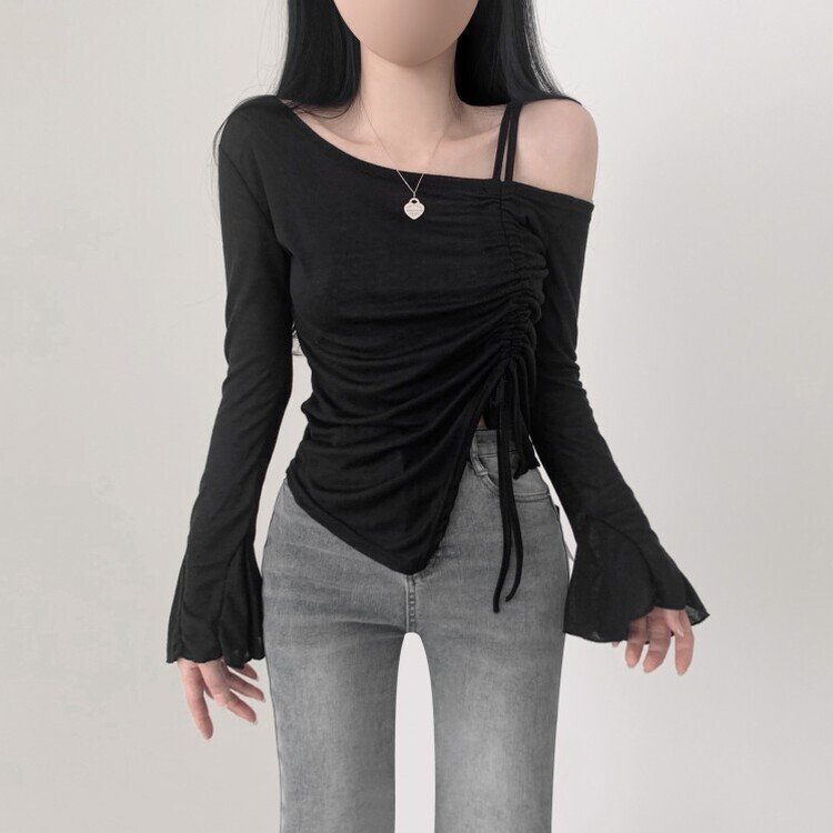 ワンショルダーシャーリングオフショルダー長袖Tシャツ｜長袖T