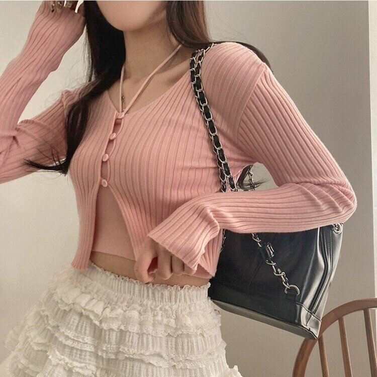 달루아 골지 니트 가디건 레이어드 스트랩 홀터 나시 투피스 세트 핑크