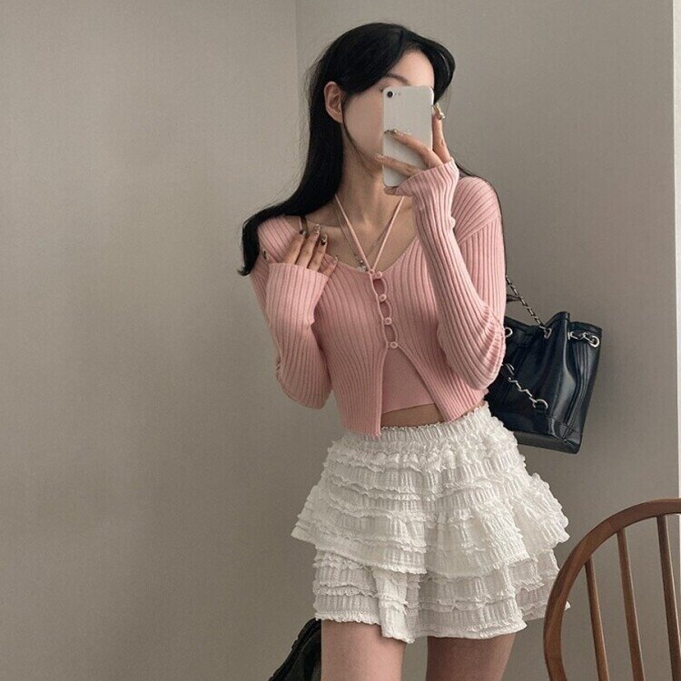 달루아 골지 니트 가디건 레이어드 스트랩 홀터 나시 투피스 세트 핑크