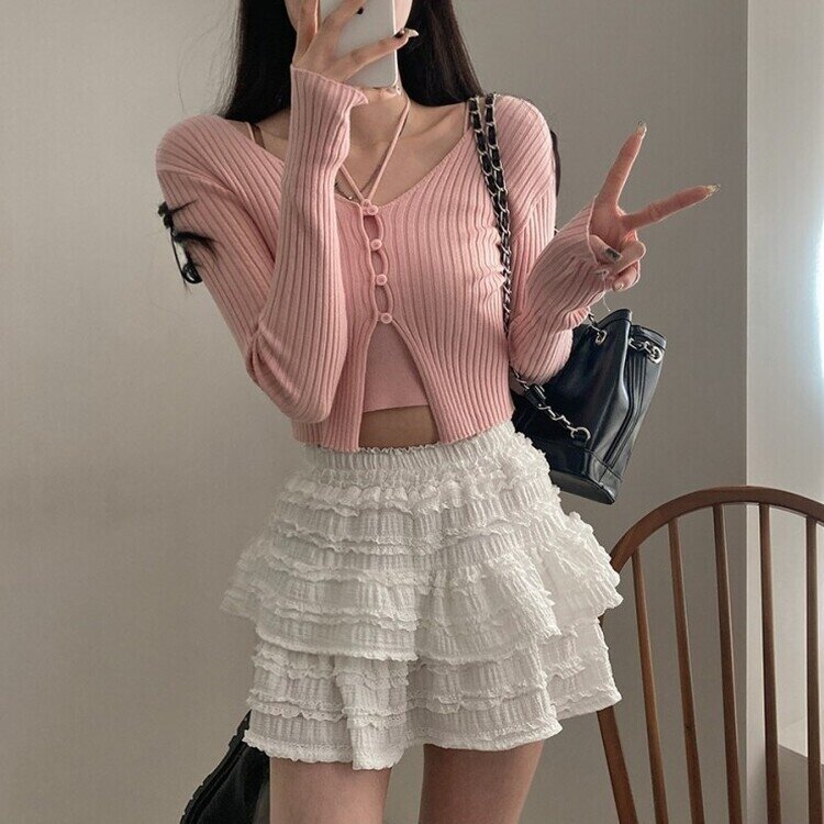 달루아 골지 니트 가디건 레이어드 스트랩 홀터 나시 투피스 세트 핑크