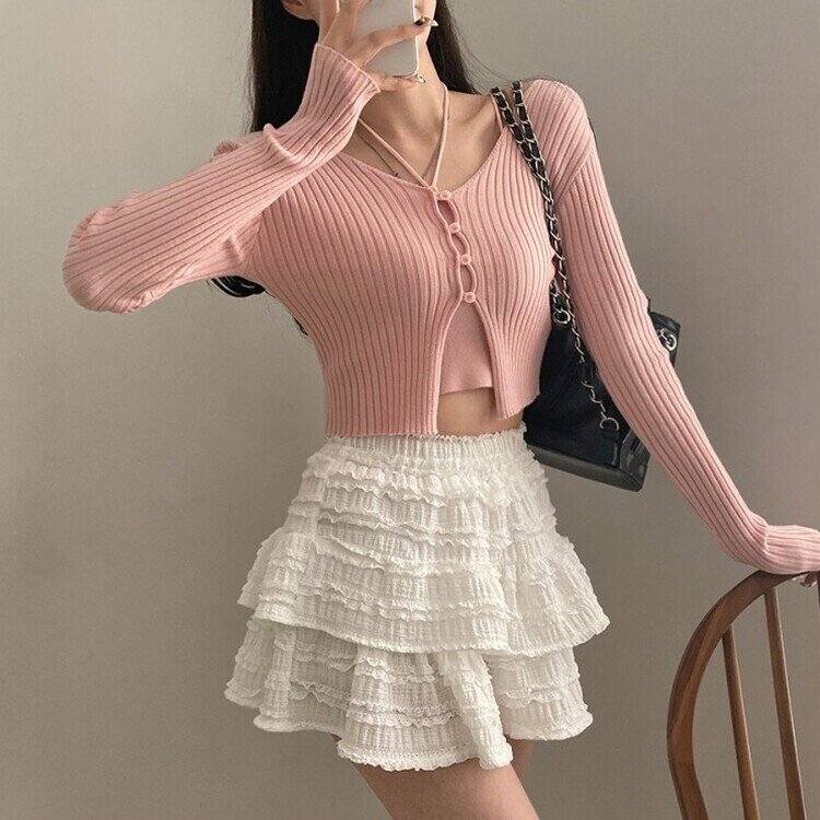 달루아 골지 니트 가디건 레이어드 스트랩 홀터 나시 투피스 세트 핑크