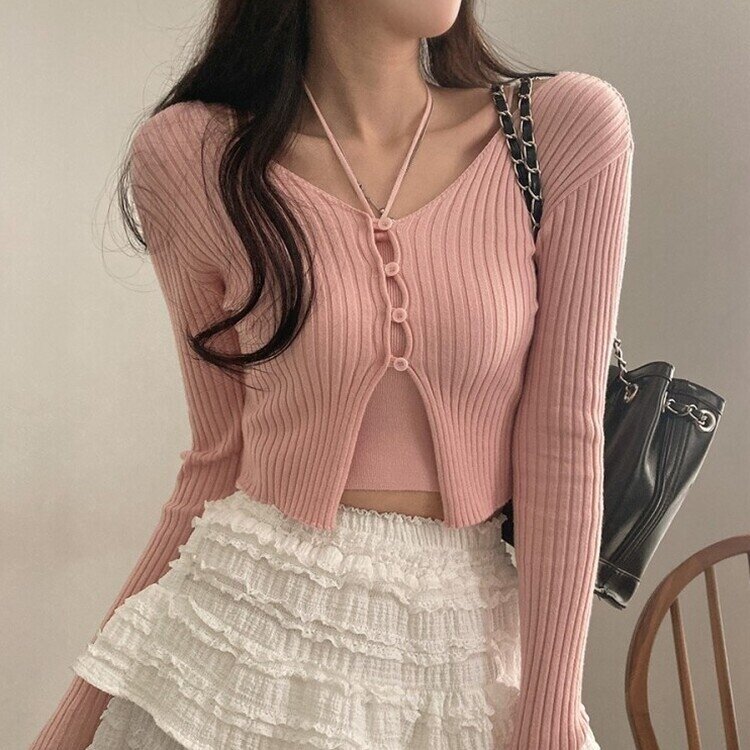 달루아 골지 니트 가디건 레이어드 스트랩 홀터 나시 투피스 세트 핑크