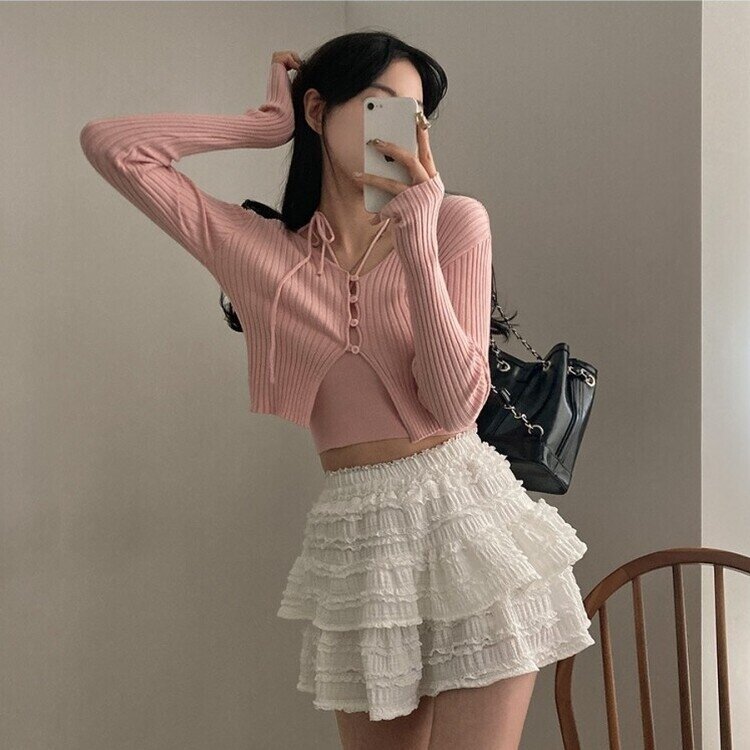 달루아 골지 니트 가디건 레이어드 스트랩 홀터 나시 투피스 세트 핑크