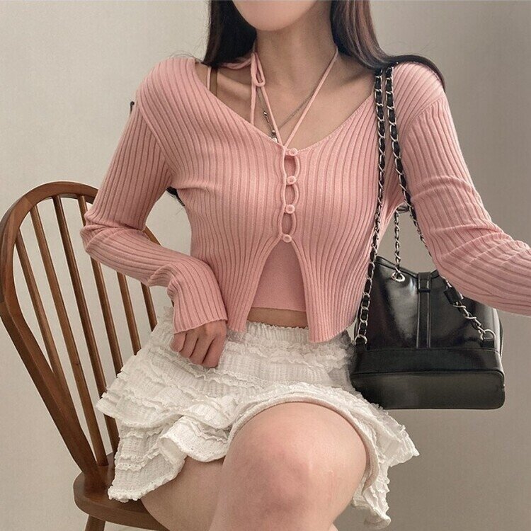 달루아 골지 니트 가디건 레이어드 스트랩 홀터 나시 투피스 세트 핑크