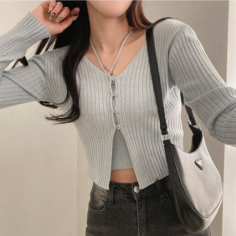 달루아 골지 니트 가디건 레이어드 스트랩 홀터 나시 투피스 세트 소라