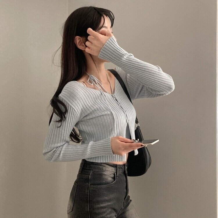 달루아 골지 니트 가디건 레이어드 스트랩 홀터 나시 투피스 세트 소라