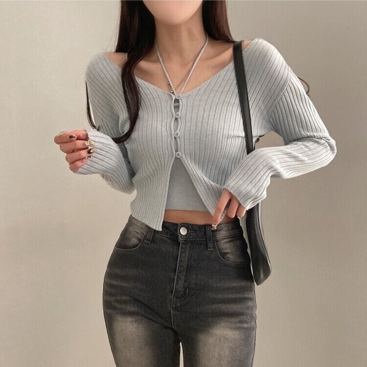 달루아 골지 니트 가디건 레이어드 스트랩 홀터 나시 투피스 세트 소라