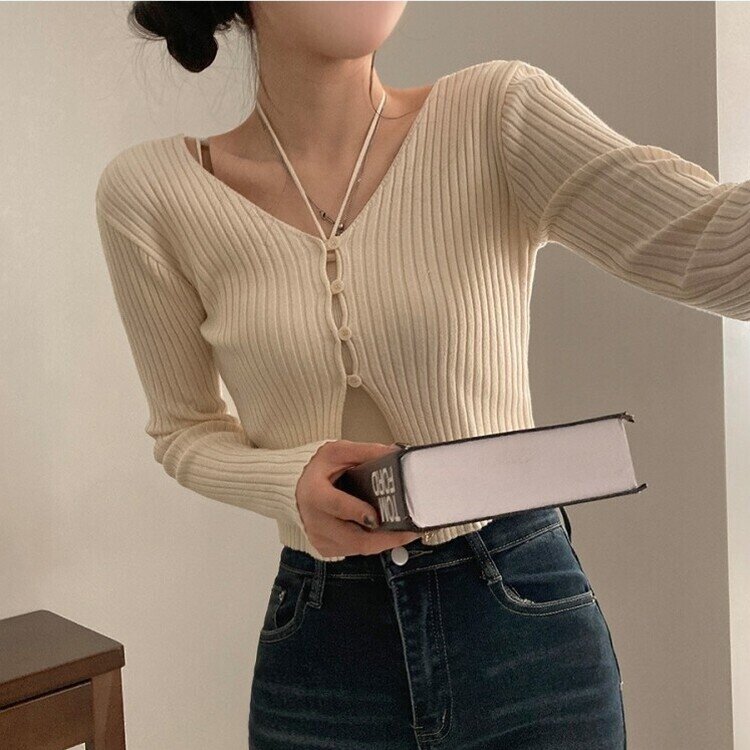 달루아 골지 니트 가디건 레이어드 스트랩 홀터 나시 투피스 세트 아이보리