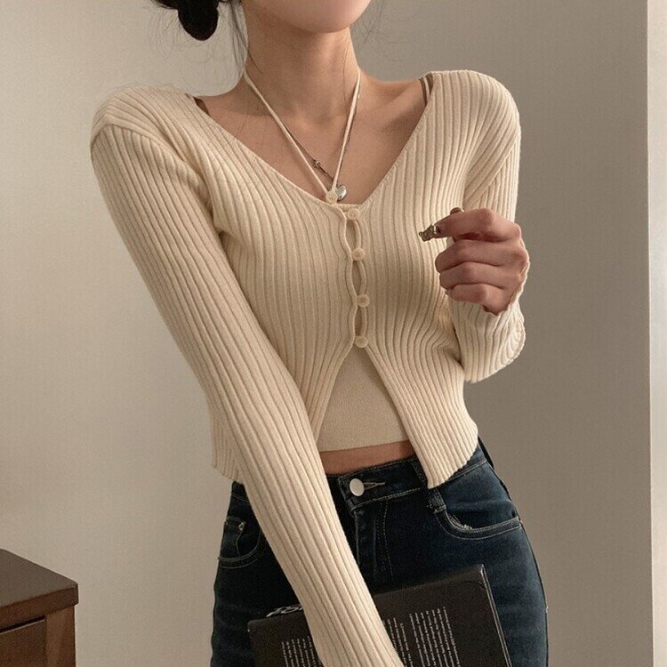 달루아 골지 니트 가디건 레이어드 스트랩 홀터 나시 투피스 세트 아이보리