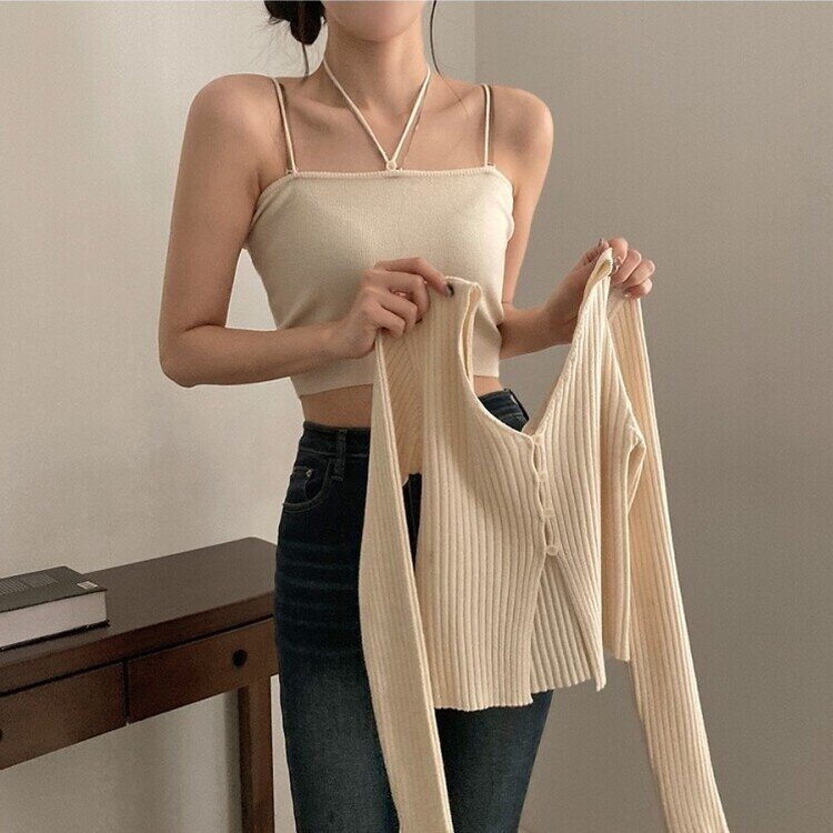 달루아 골지 니트 가디건 레이어드 스트랩 홀터 나시 투피스 세트 아이보리