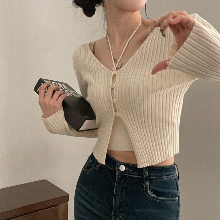 달루아 골지 니트 가디건 레이어드 스트랩 홀터 나시 투피스 세트 아이보리