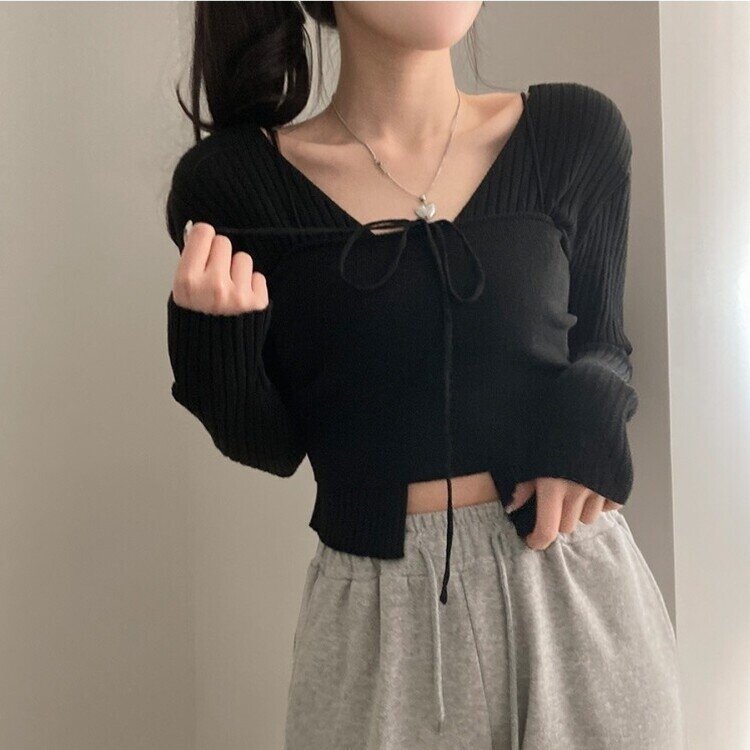 달루아 골지 니트 가디건 레이어드 스트랩 홀터 나시 투피스 세트 블랙