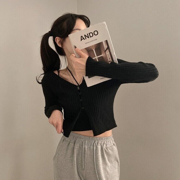 달루아 골지 니트 가디건 레이어드 스트랩 홀터 나시 투피스 세트 블랙