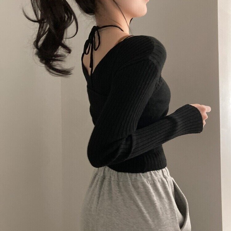 달루아 골지 니트 가디건 레이어드 스트랩 홀터 나시 투피스 세트 블랙