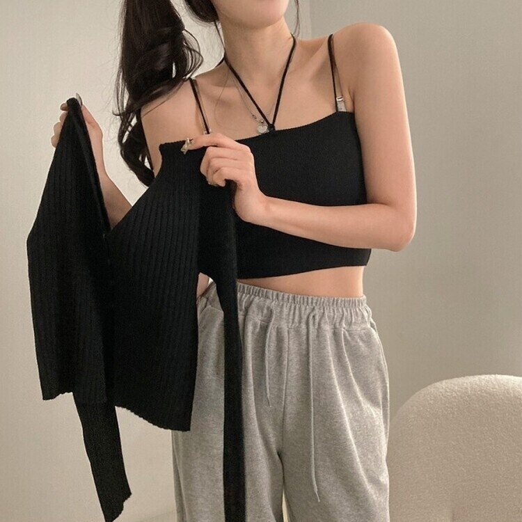 달루아 골지 니트 가디건 레이어드 스트랩 홀터 나시 투피스 세트 블랙