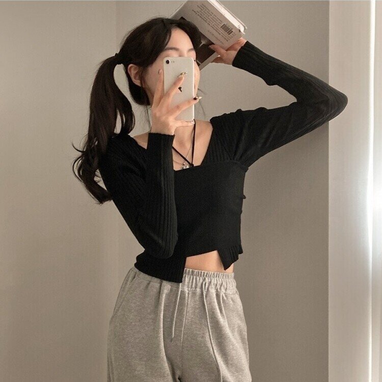 달루아 골지 니트 가디건 레이어드 스트랩 홀터 나시 투피스 세트 블랙