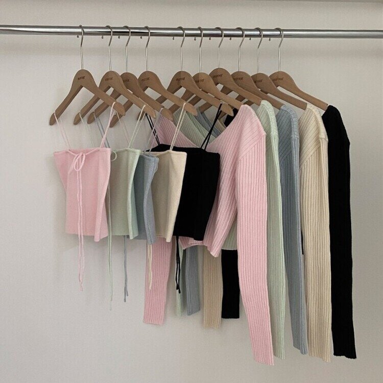 달루아 골지 니트 가디건 레이어드 스트랩 홀터 나시 투피스 세트