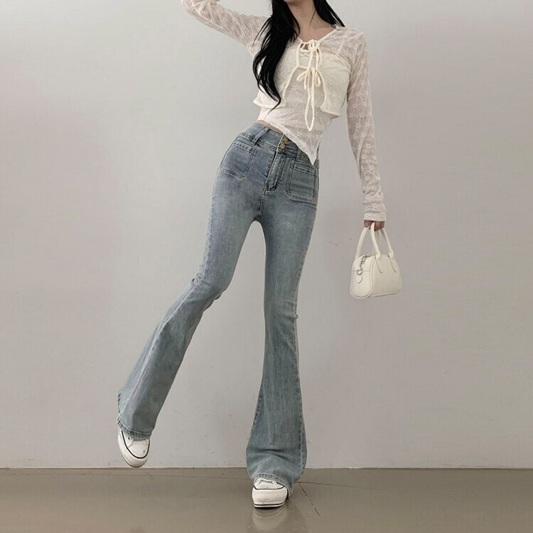 SATUR ブーツカットデニム　セター　韓国 ツーボタンブーツカットデニムパンツ(SHORT/BASIC/LONG)｜ロング