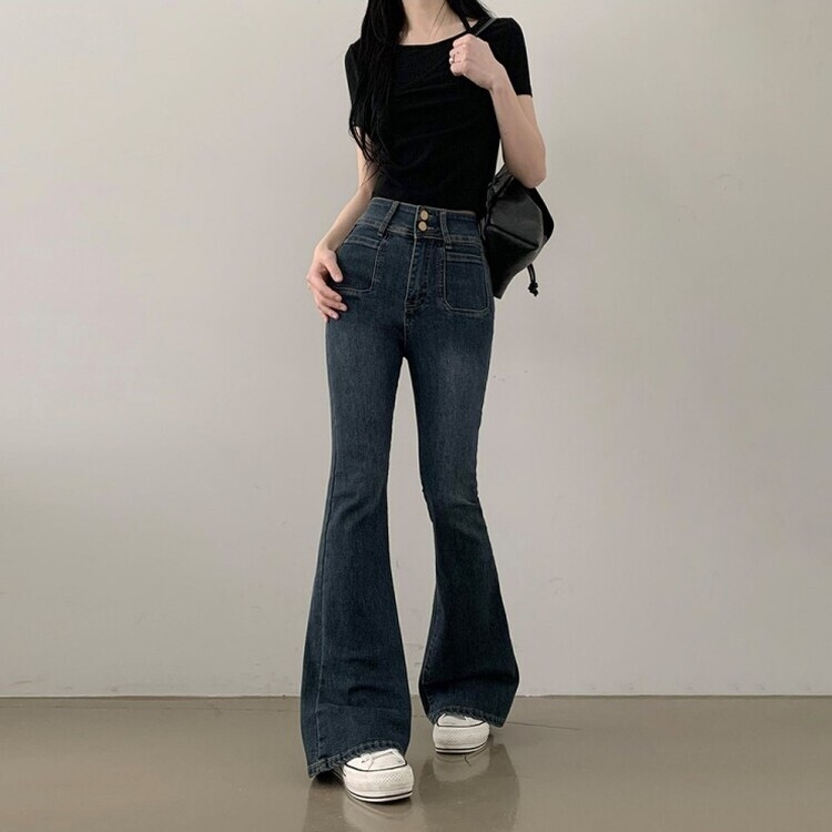 SONA ツーボタン　ブーツカットデニム ロングM 2色セット SHORT/BASIC/LONG 丈別】 ツーボタンブーツカットデニム｜デニム