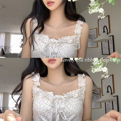 [완전청순]러블리 플라워 프릴 리본 쫀쫀 크롭 슬리브리스 나시 2color 인디핑크