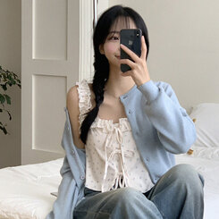 [완전청순]러블리 플라워 프릴 리본 쫀쫀 크롭 슬리브리스 나시 2color 소라