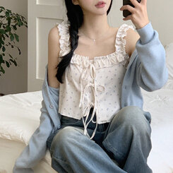 [완전청순]러블리 플라워 프릴 리본 쫀쫀 크롭 슬리브리스 나시 2color 소라