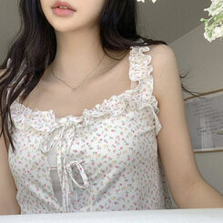 [완전청순]러블리 플라워 프릴 리본 쫀쫀 크롭 슬리브리스 나시 2color 인디핑크