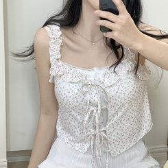 [완전청순]러블리 플라워 프릴 리본 쫀쫀 크롭 슬리브리스 나시 2color 인디핑크