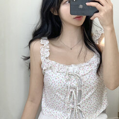 [완전청순]러블리 플라워 프릴 리본 쫀쫀 크롭 슬리브리스 나시 2color 인디핑크