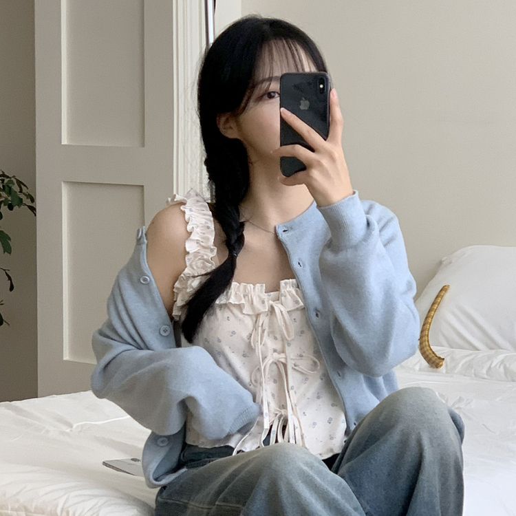[완전청순]러블리 플라워 프릴 리본 쫀쫀 크롭 슬리브리스 나시 2color 소라
