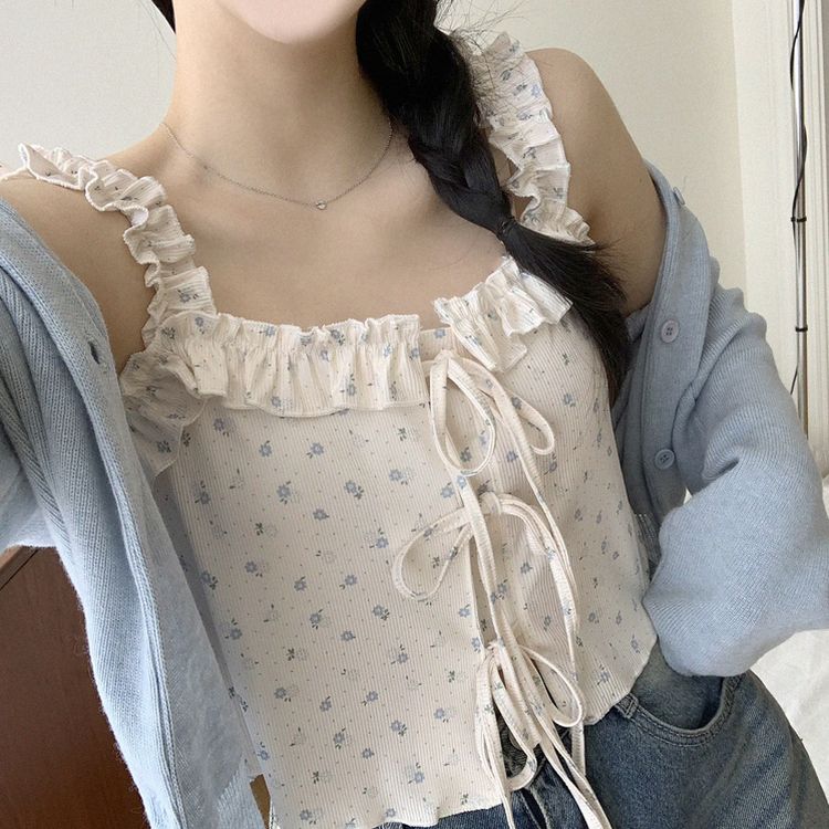 [완전청순]러블리 플라워 프릴 리본 쫀쫀 크롭 슬리브리스 나시 2color 소라