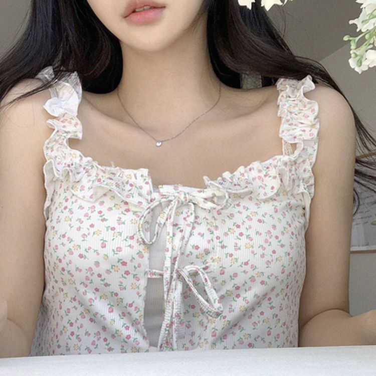[완전청순]러블리 플라워 프릴 리본 쫀쫀 크롭 슬리브리스 나시 2color 인디핑크