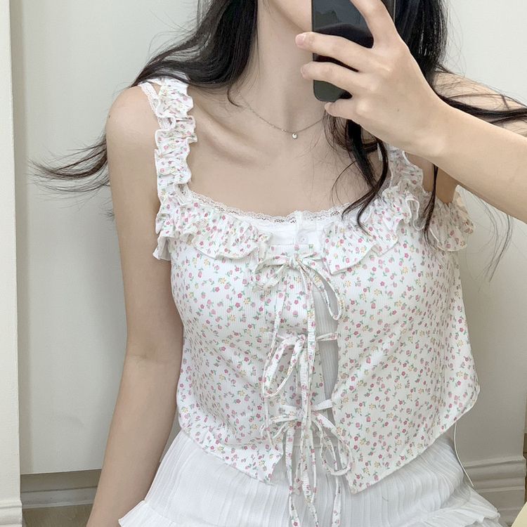 [완전청순]러블리 플라워 프릴 리본 쫀쫀 크롭 슬리브리스 나시 2color 인디핑크