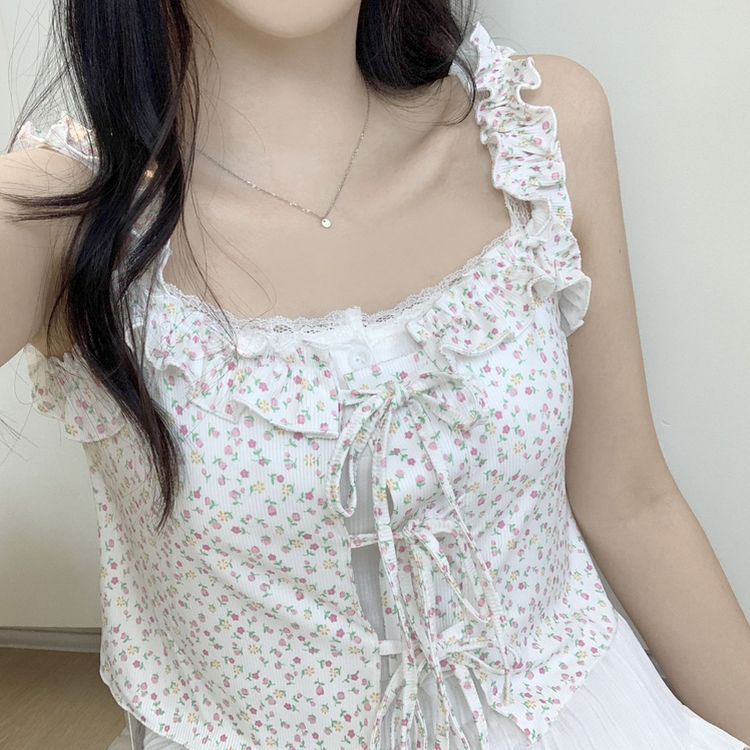 [완전청순]러블리 플라워 프릴 리본 쫀쫀 크롭 슬리브리스 나시 2color 인디핑크