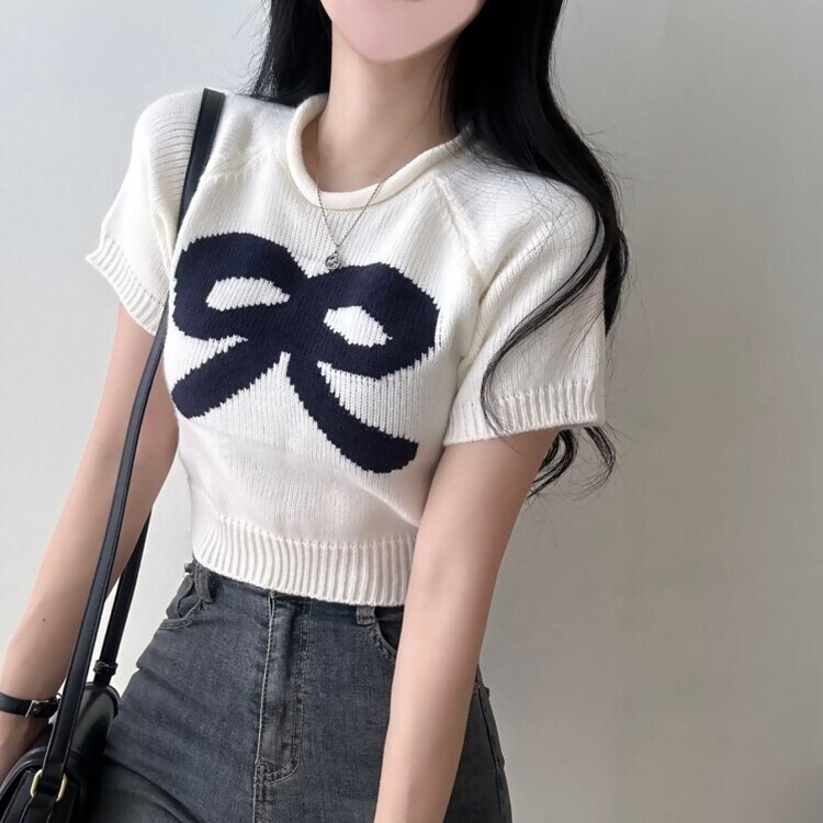 リボン刺繍クロップ半袖ニット｜ニット｜韓国ファッション通販 SONA