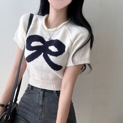 リボン刺繍クロップ半袖ニット｜ニット｜韓国ファッション通販 SONA