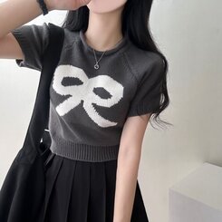 リボン刺繍クロップ半袖ニット｜ニット｜韓国ファッション通販 SONA