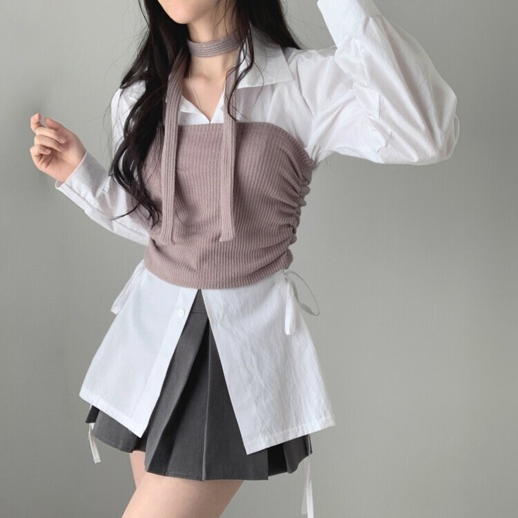 Layered Scarf Shirring Top (Gray) 韓国 スカーフ】シャーリングニットチューブトップレイヤード｜ノースリーブ