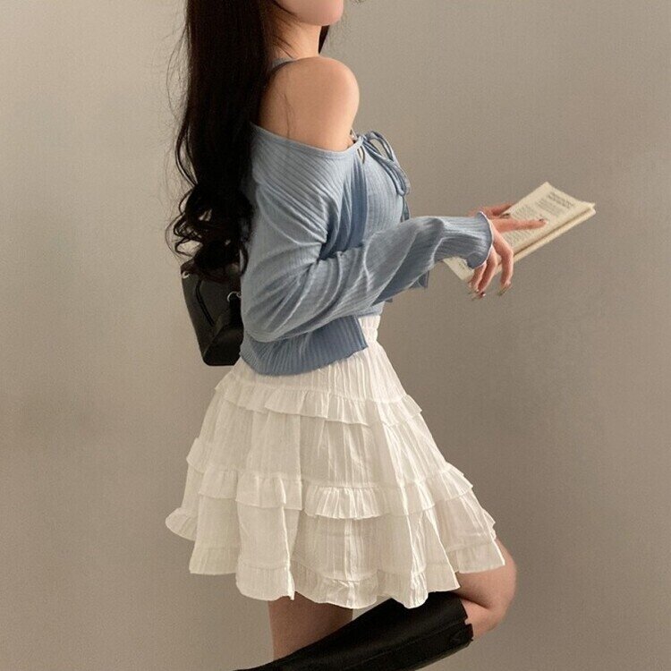 설렘가득 레이스 나시 리본 크롭 가디건 투피스 세트 소라
