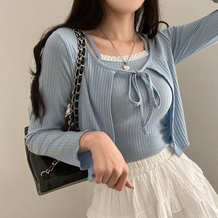 설렘가득 레이스 나시 리본 크롭 가디건 투피스 세트 소라