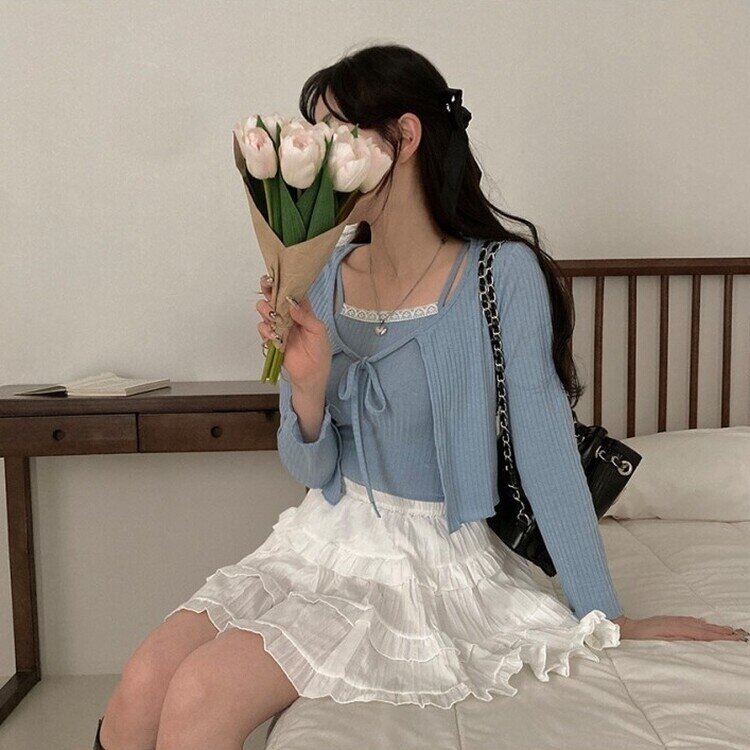 설렘가득 레이스 나시 리본 크롭 가디건 투피스 세트 소라